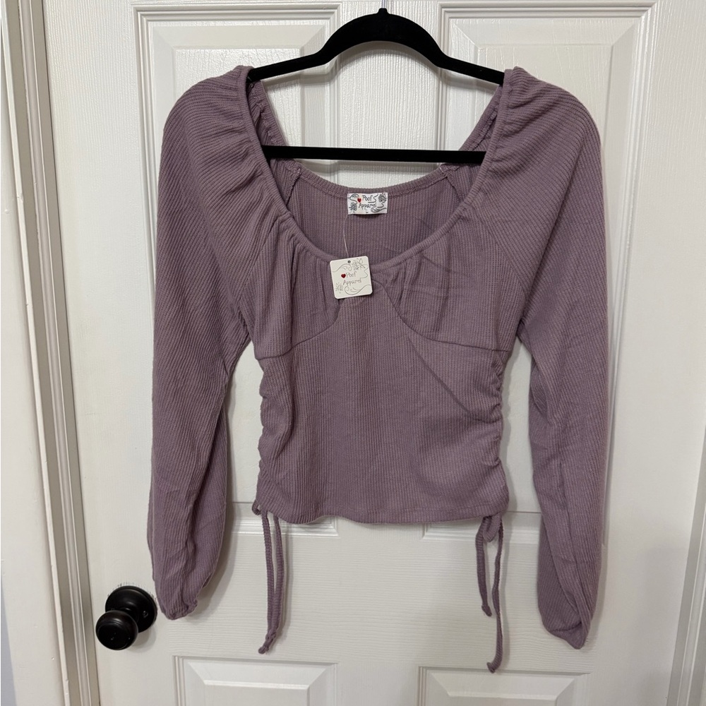 NWT POOF long sleeve ribbed top cinched sides size large purple